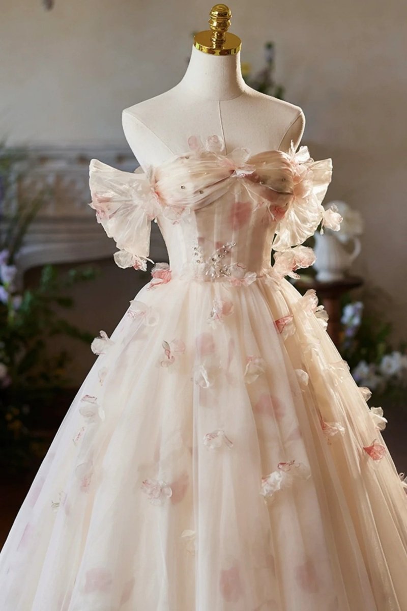 Champagne Off the Shoulder Tulle Floral Floor Length Long Prom Dresses Champagne / 10 Champagne Off the Shoulder Tulle Floral Floor Length Long Prom Dresses Champagne / 10