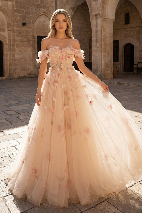 Champagne Off the Shoulder Tulle Floral Floor Length Long Prom Dresses - KissProm