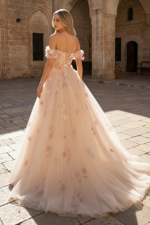 Champagne Off the Shoulder Tulle Floral Floor Length Long Prom Dresses - KissProm