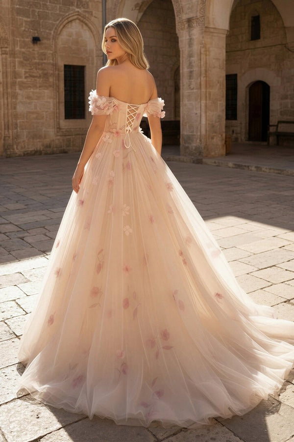 Champagne Off the Shoulder Tulle Floral Floor Length Long Prom Dresses - KissProm