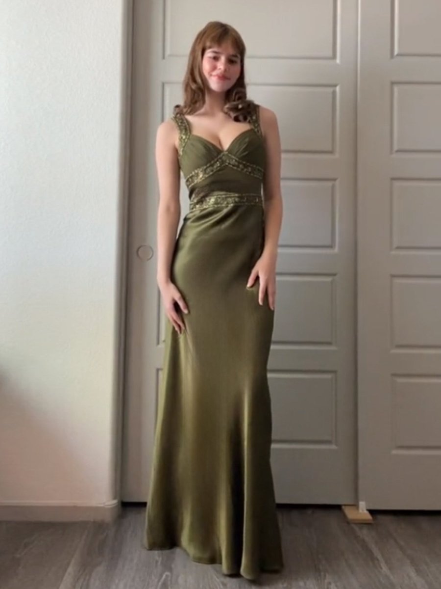 Olive Green Sheath Satin Beaded Long Prom Dresses Olive / 18 Olive Green Sheath Satin Beaded Long Prom Dresses Olive / 18