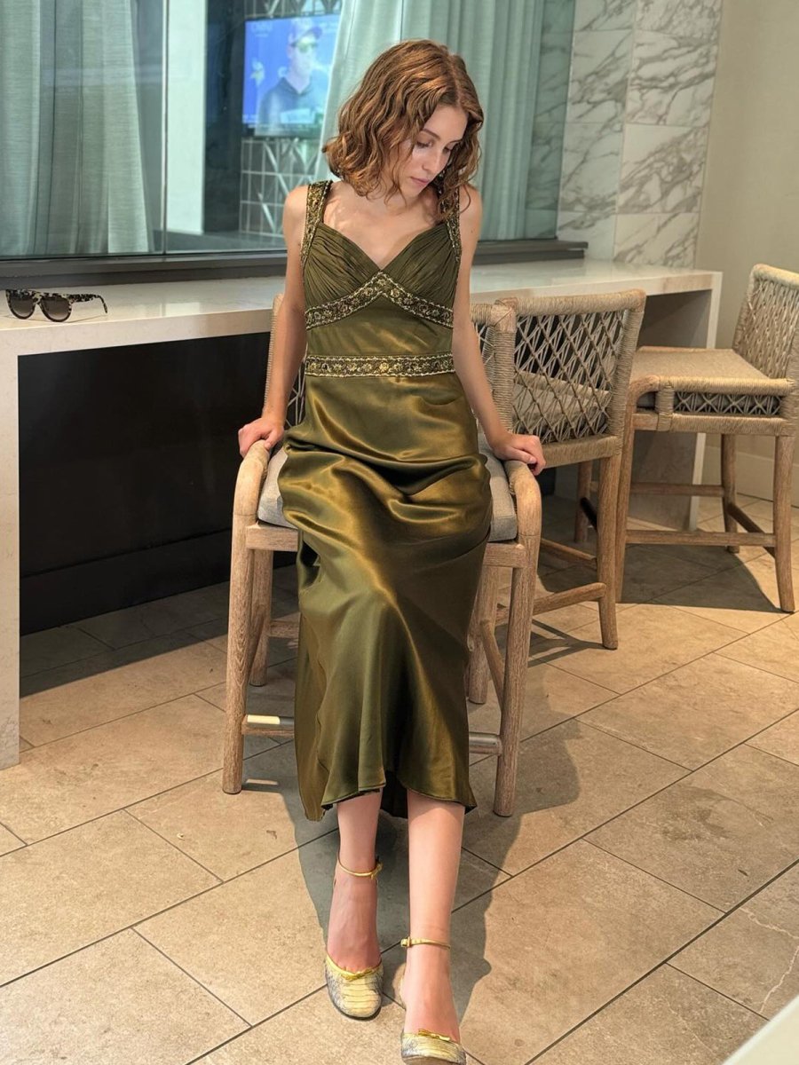 Olive Green Sheath Satin Beaded Long Prom Dresses Olive / 18 Olive Green Sheath Satin Beaded Long Prom Dresses Olive / 18