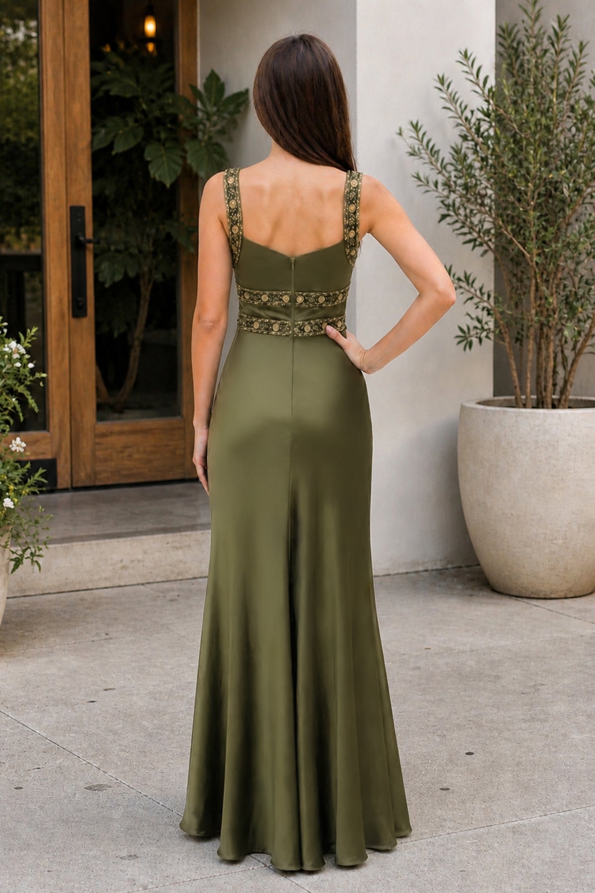 Olive Green Sheath Satin Beaded Long Prom Dresses Olive / 6