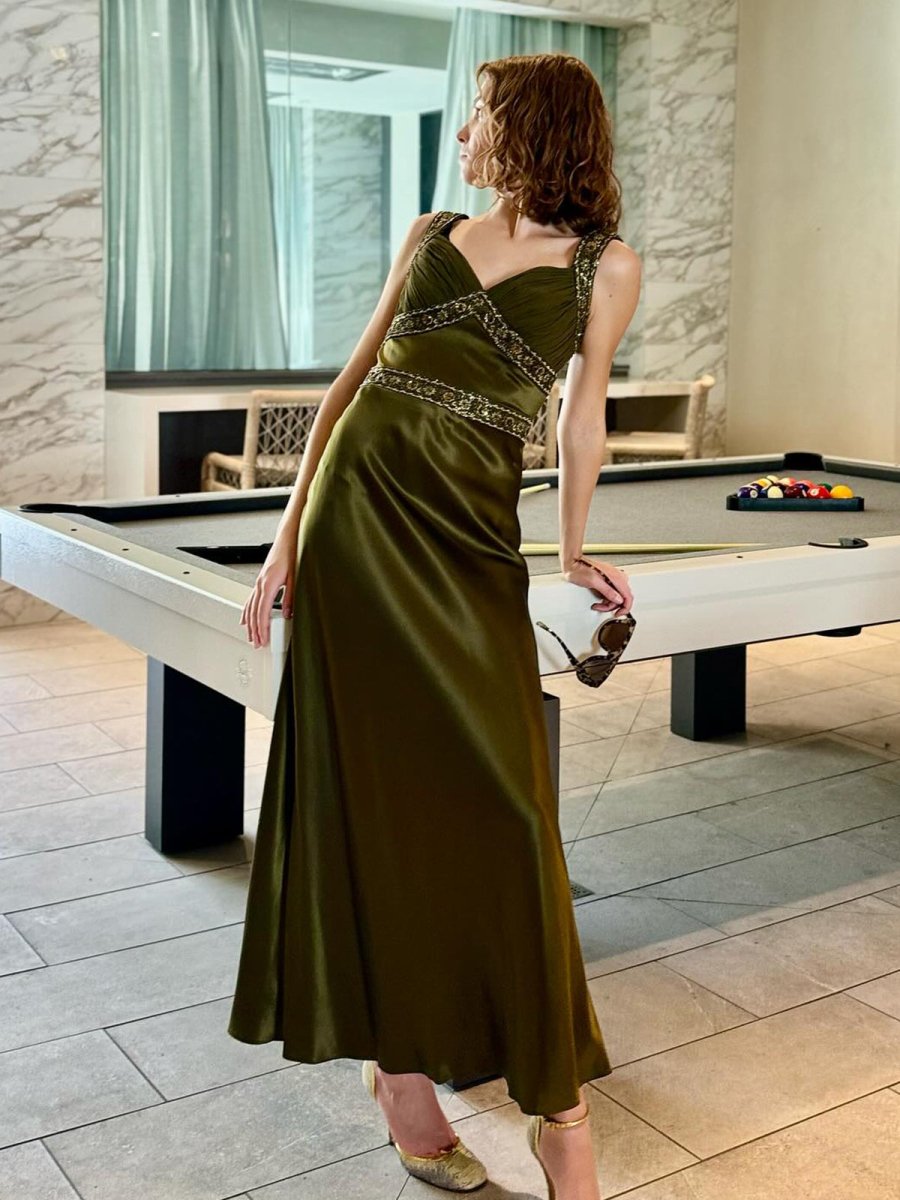 Olive Green Sheath Satin Beaded Long Prom Dresses Olive / 18 Olive Green Sheath Satin Beaded Long Prom Dresses Olive / 18