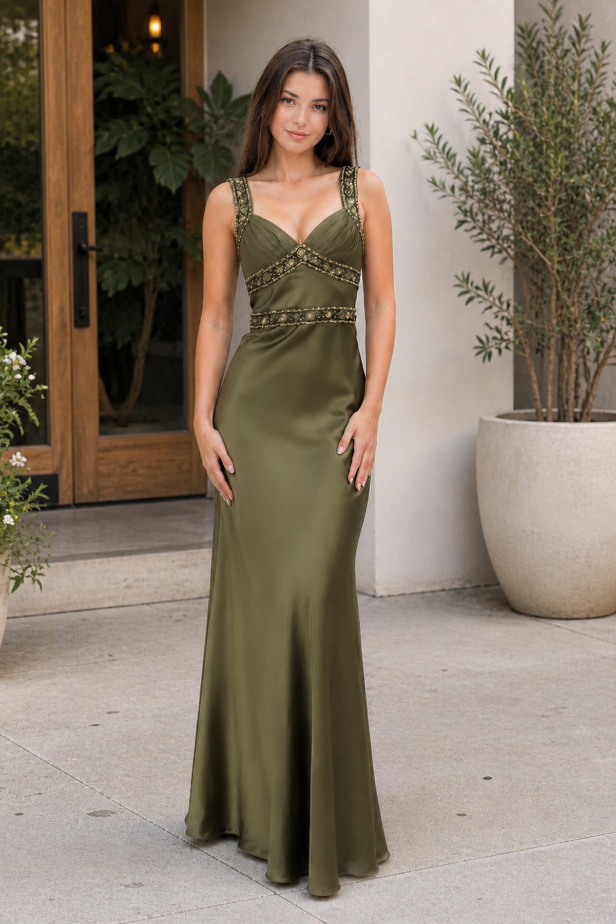 Olive Green Sheath Satin Beaded Long Prom Dresses