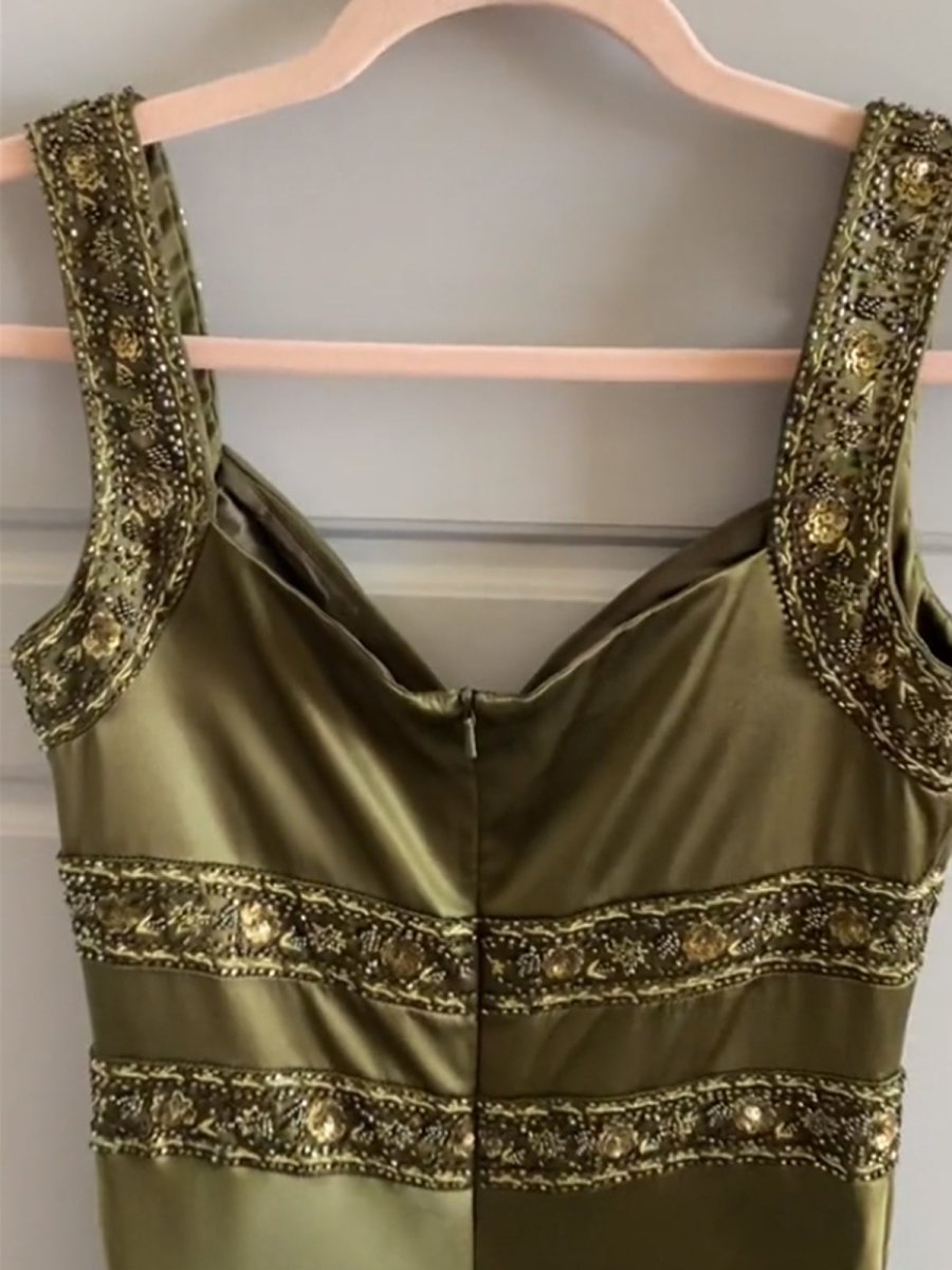Olive Green Sheath Satin Beaded Long Prom Dresses Olive / 18 Olive Green Sheath Satin Beaded Long Prom Dresses Olive / 18