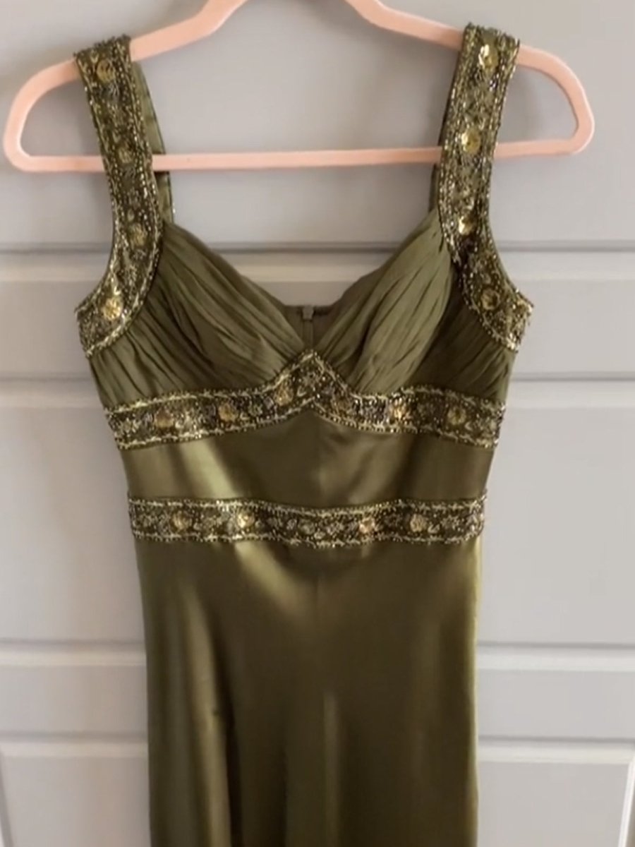 Olive Green Sheath Satin Beaded Long Prom Dresses Olive / 18 Olive Green Sheath Satin Beaded Long Prom Dresses Olive / 18