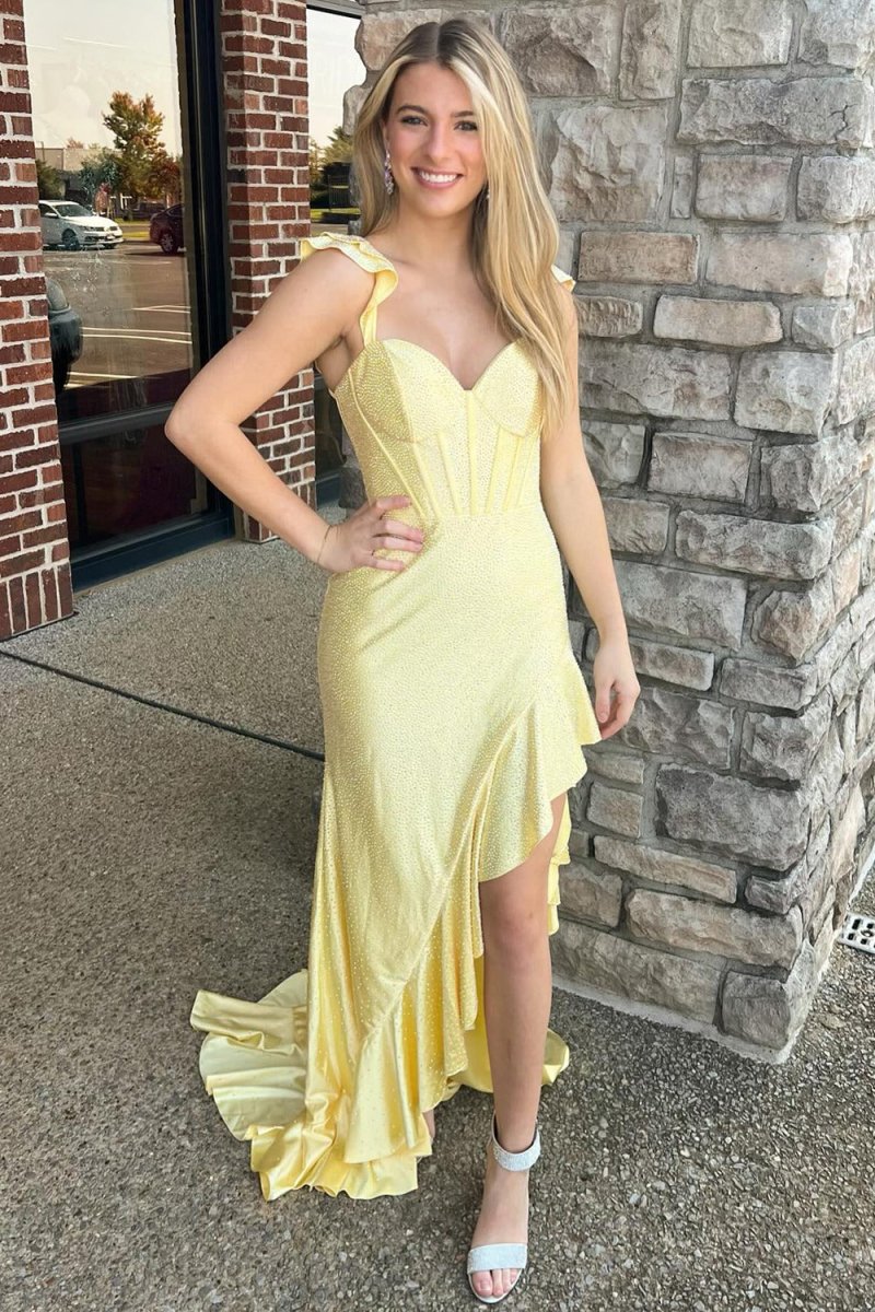 KissProm-Phyllis Mermaid Yellow Spaghetti Straps Satin Beaded Long Prom Dress