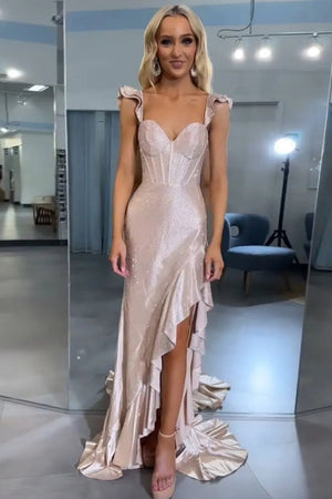 KissProm-Phyllis Mermaid Champagne Spaghetti Straps Satin Beaded Long Prom Dress