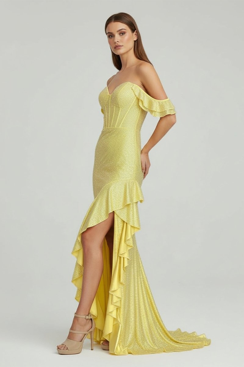 KissProm-Phyllis Mermaid Yellow Spaghetti Straps Satin Beaded Long Prom Dress