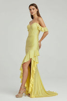 KissProm-Phyllis Mermaid Yellow Spaghetti Straps Satin Beaded Long Prom Dress