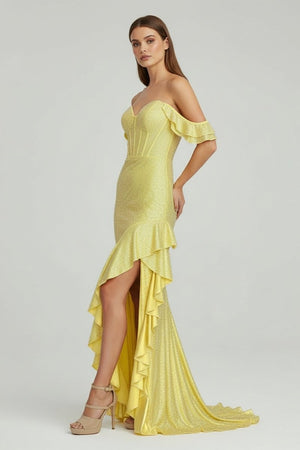KissProm-Phyllis Mermaid Yellow Spaghetti Straps Satin Beaded Long Prom Dress