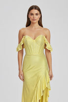 KissProm-Phyllis Mermaid Yellow Spaghetti Straps Satin Beaded Long Prom Dress