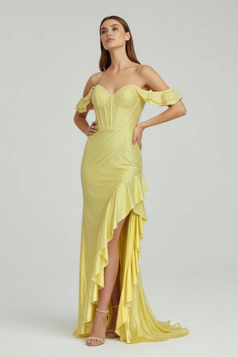 KissProm-Phyllis Mermaid Yellow Spaghetti Straps Satin Beaded Long Prom Dress