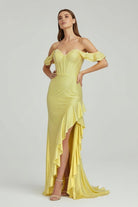 KissProm-Phyllis Mermaid Yellow Spaghetti Straps Satin Beaded Long Prom Dress