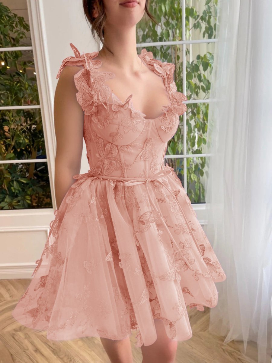 short tulle dress Aline Short Tulle Prom Dress with 3D Butterflies, Lilac / 8