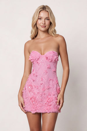 Pink 3D Flower Sequin Sweetheart Sheath Homecoming Dress (3) | KISSPROM