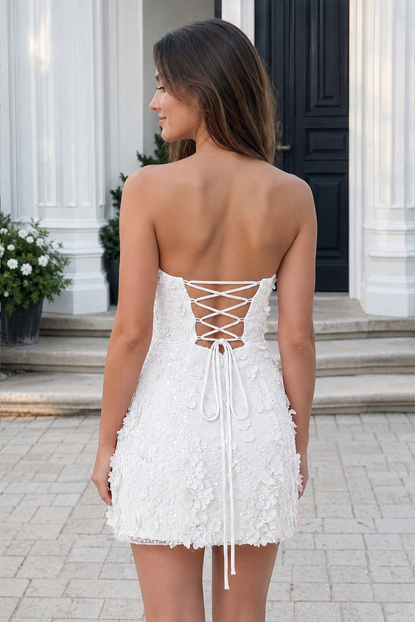 White 3D Flower Sequin Sweetheart Sheath Homecoming Dress | KISSPROM
