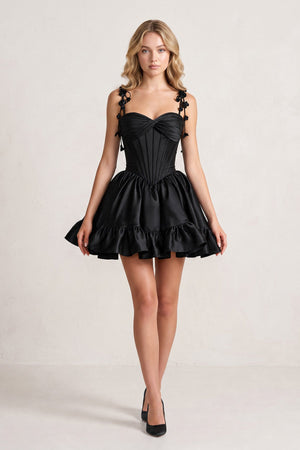 Black 3D Flower Spaghetti Straps Ruffled A-Line Satin Corset Homecoming Dress | KISSPROM