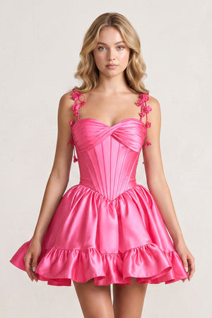 Hot Pink 3D Flower Spaghetti Straps Ruffled A-Line Satin Corset Homecoming Dress | KISSPROM