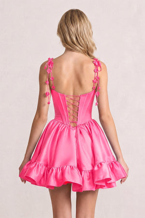 Hot Pink 3D Flower Spaghetti Straps Ruffled A-Line Satin Corset Homecoming Dress | KISSPROM