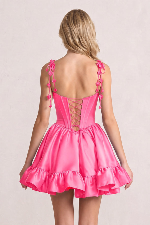 Hot Pink 3D Flower Spaghetti Straps Ruffled A-Line Satin Corset Homecoming Dress | KISSPROM