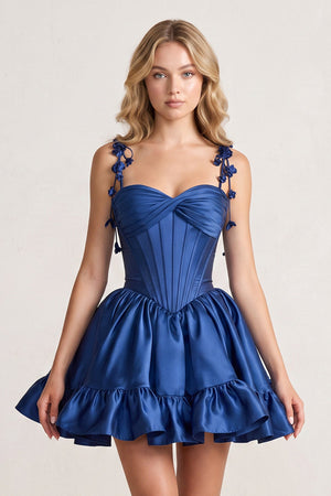 Royal Blue 3D Flower Spaghetti Straps Ruffled A-Line Satin Corset Homecoming Dress | KISSPROM
