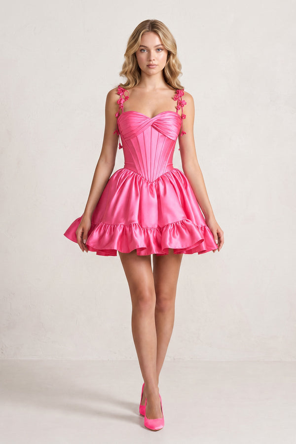 Hot Pink 3D Flower Spaghetti Straps Ruffled A-Line Satin Corset Homecoming Dress | KISSPROM