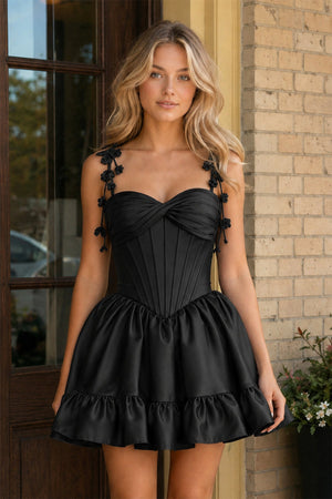 Black 3D Flower Spaghetti Straps Ruffled A-Line Satin Corset Homecoming Dress | KISSPROM