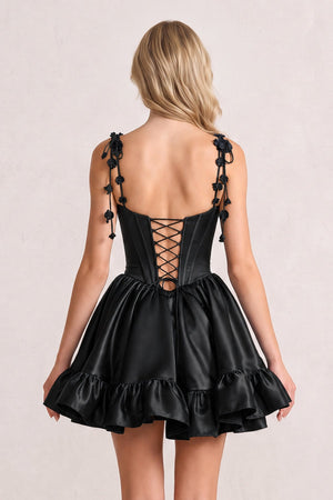 Black 3D Flower Spaghetti Straps Ruffled A-Line Satin Corset Homecoming Dress | KISSPROM