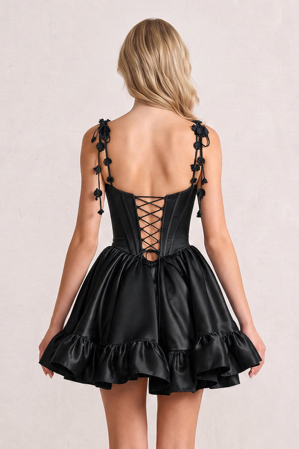 Black 3D Flower Spaghetti Straps Ruffled A-Line Satin Corset Homecoming Dress | KISSPROM