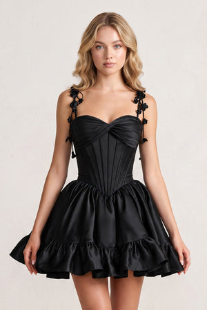 Black 3D Flower Spaghetti Straps Ruffled A-Line Satin Corset Homecoming Dress | KISSPROM