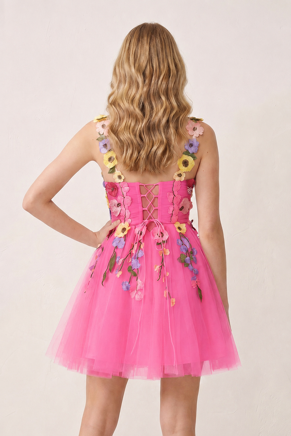 Pink 3D Flower Tulle Short Length Prom Dresses (2) | KISSPROM