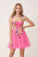 Pink 3D Flower Tulle Short Length Prom Dresses | KISSPROM