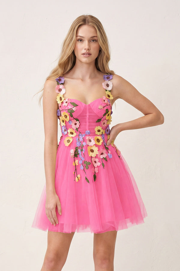 Pink 3D Flower Tulle Short Length Prom Dresses | KISSPROM