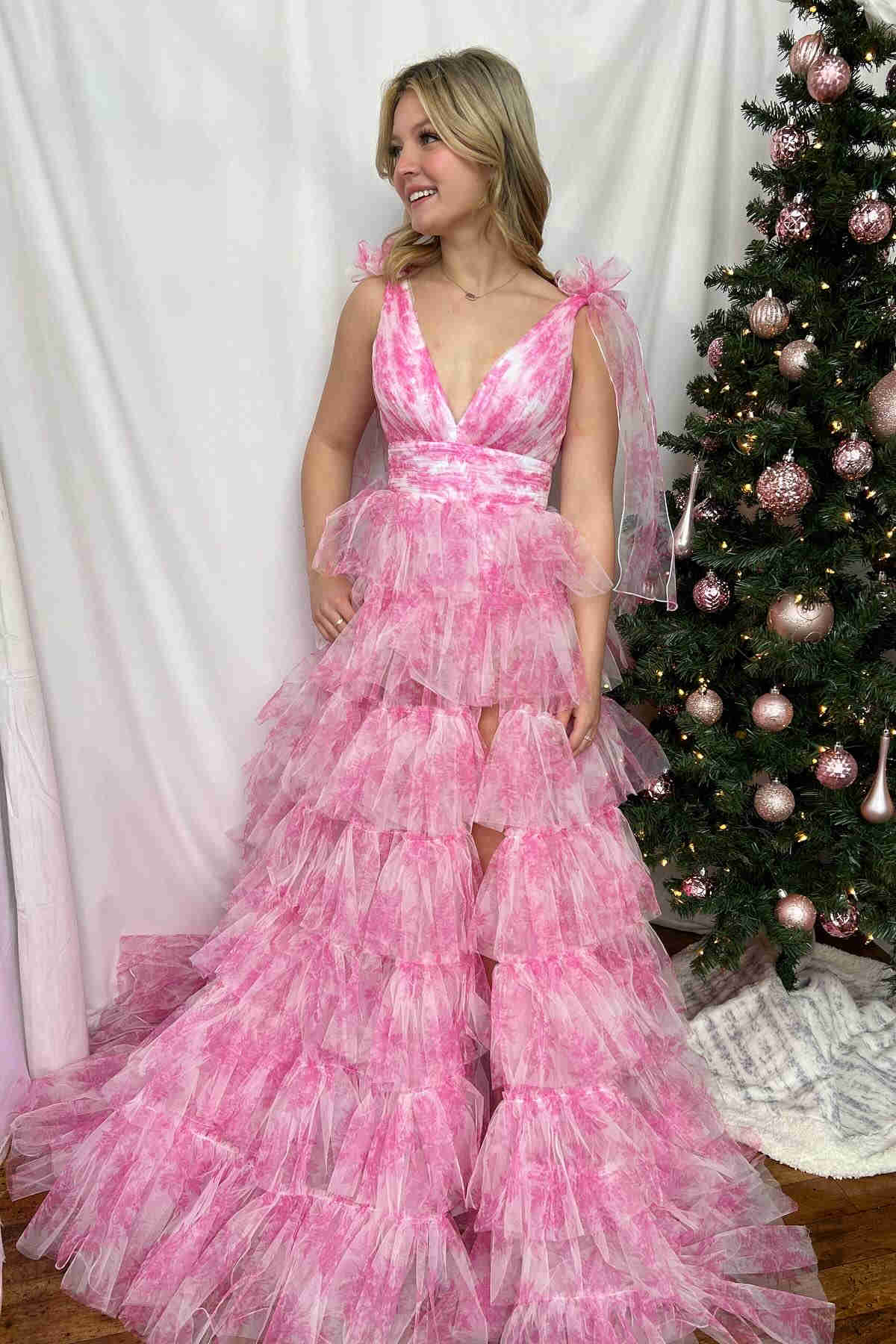 V-Neck Tie Straps Red Floral Print Layered Long Prom Dress Pink / 18