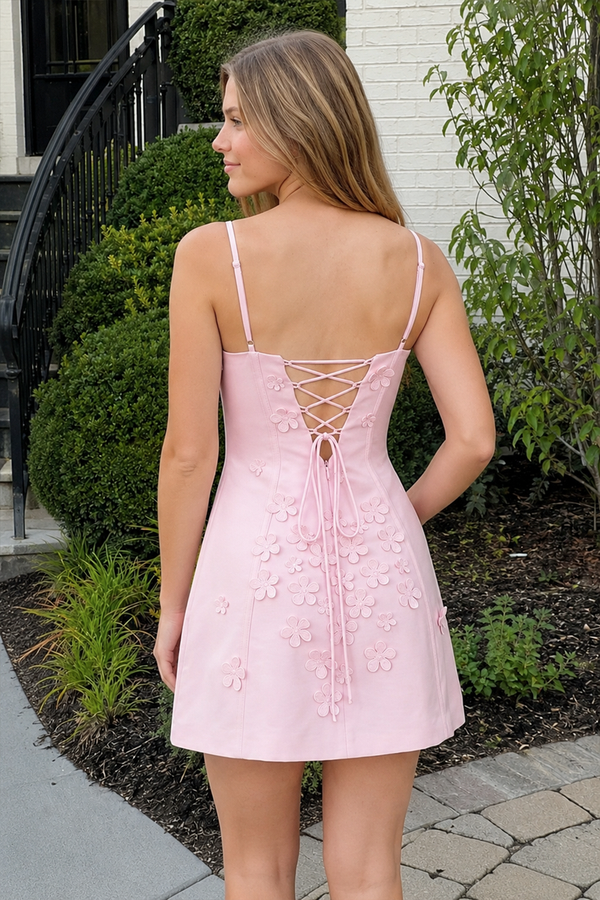 Pink A-Line Appliqued Spaghetti Straps Short Homecoming Dress (2) | KISSPROM