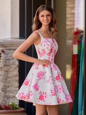 Pink A Line Floral Short Homecoming Dress