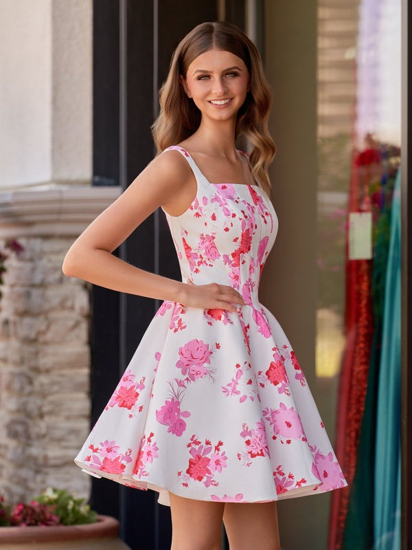Pink A Line Floral Satin Short Homecoming Dress