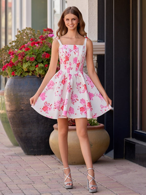 formal short pink dress Pink A Line Floral Satin Short Homecoming Dress, Pink / 00