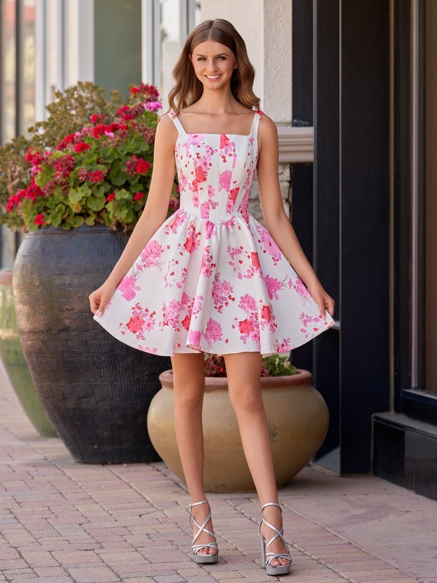 Pink A Line Floral Satin Short Homecoming Dress Pink A Line Floral Satin Short Homecoming Dress
