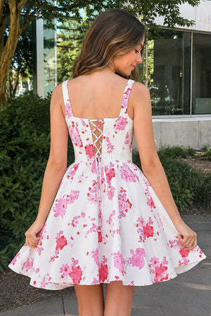 Pink A Line Floral Satin Short Homecoming Dress – Homecoming Dresses by KissProm | Available at KissProm