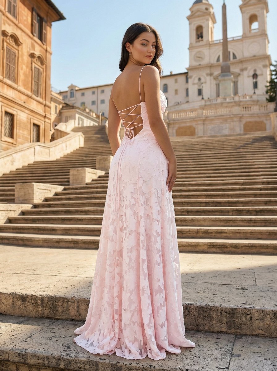 KissProm Pink A-Line Lace Floral Spaghetti Straps Long Prom Dresses, Pink / 12