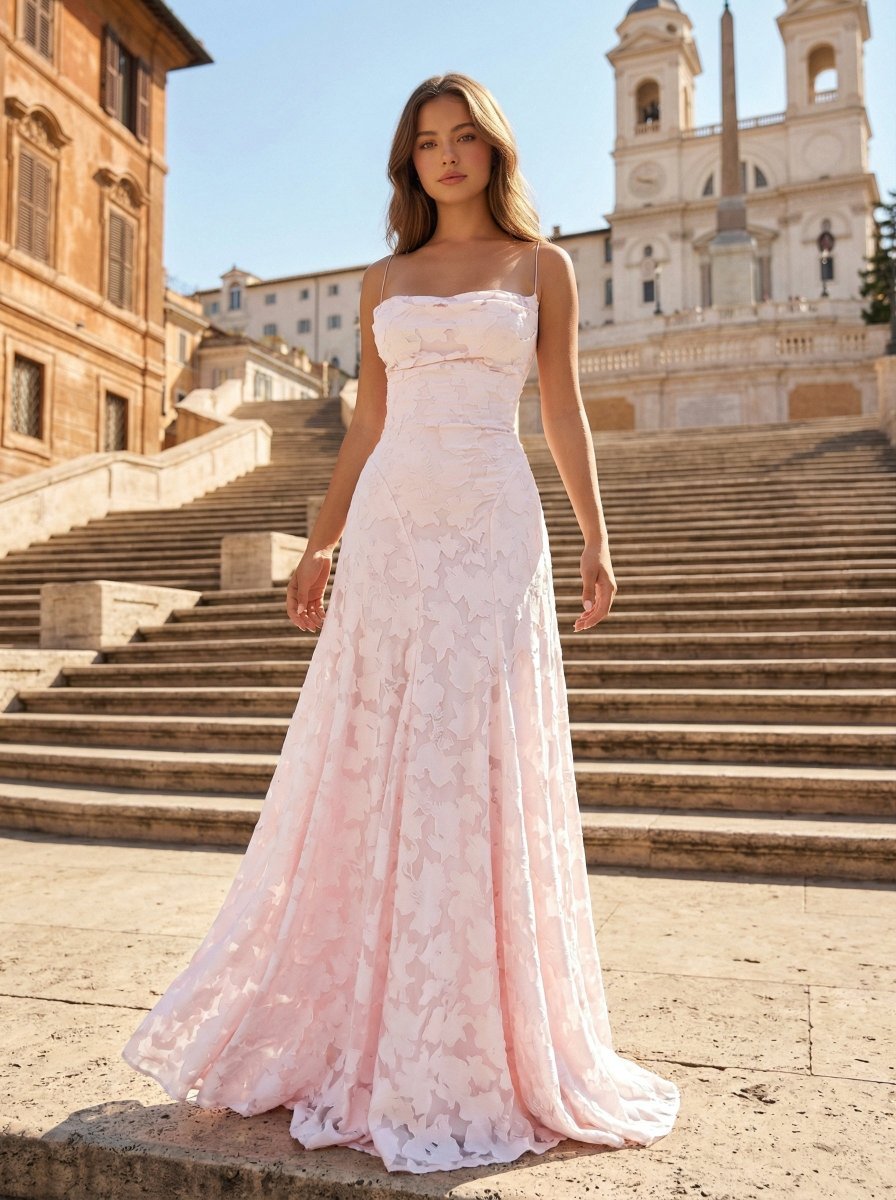 KissProm Pink A-Line Lace Floral Spaghetti Straps Long Prom Dresses, Pink / 12