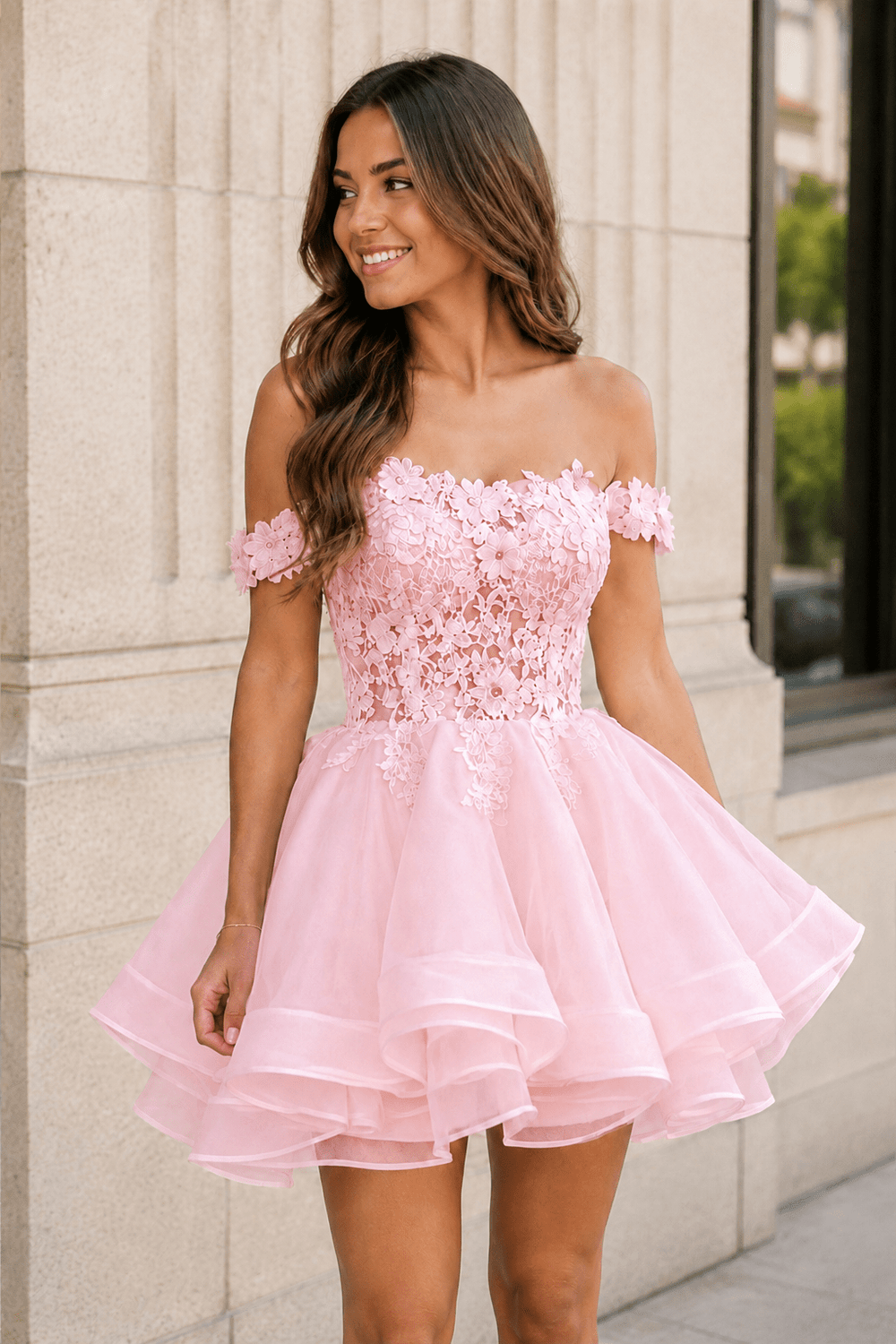 Pink A-Line Lace Organza Appliqued Off-the Shoulder Homecoming Dress | KISSPROM