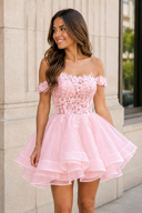 Pink A-Line Lace Organza Appliqued Off-the Shoulder Homecoming Dress | KISSPROM