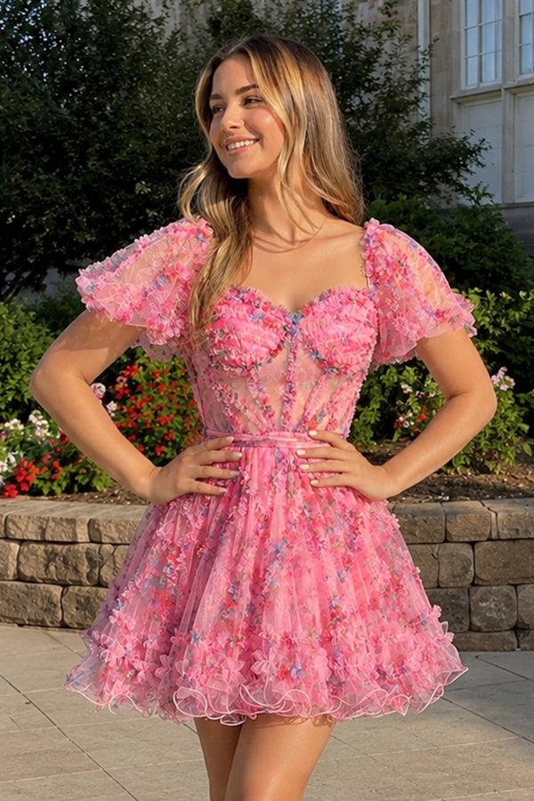 Pink A Line Off the Shoulder Printed Homecoming Dress - KISSPROM