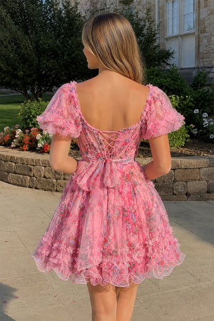 Pink A Line Off the Shoulder Printed Homecoming Dress - KISSPROM