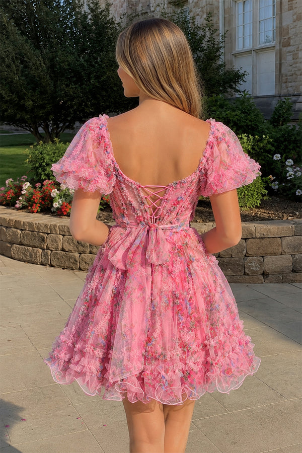 Pink A Line Off the Shoulder Printed Homecoming Dress - KISSPROM