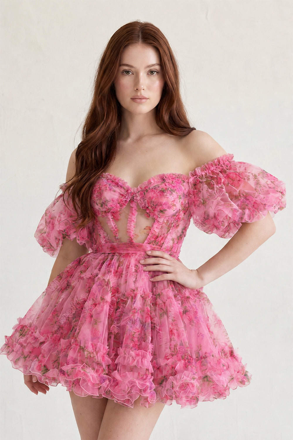 Ivana |Pink A Line Off the Shoulder Floral Printed Homecoming Dress - KissProm
